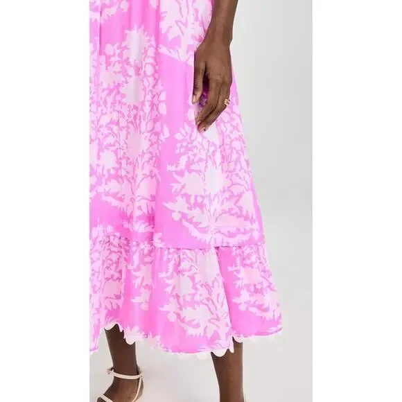Juliet Dunn Square Neck Palladio Print Cotton Midi Dress Pink White Orchid - Picture 6 of 11